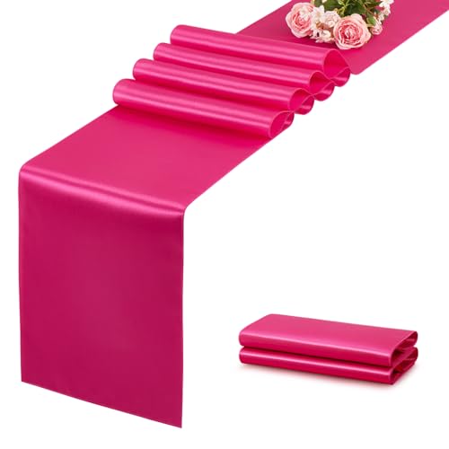 Hot Pink Table Runner 12x108 Inches Long, Satin Silk-Like Smooth Table Decor for Wedding Birthday Party, 2 Pack