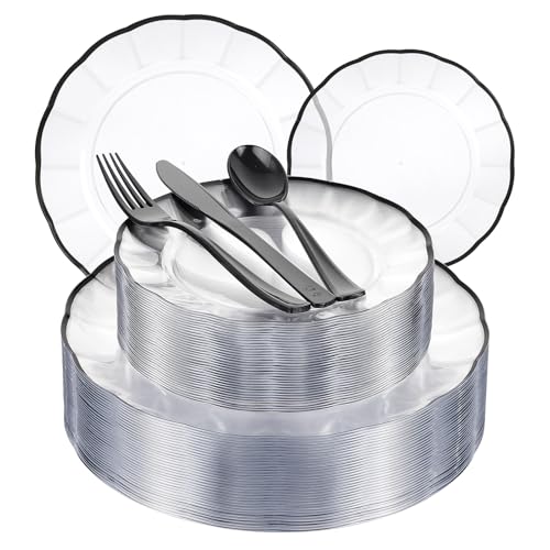 EI 150pcs Clear and Black Plastic Plates Dinnerware Disposable Party Set for 30Guests,Dinnerware Include 60 Clear Plates Disposable 90 Black Silverware,Perfect for Party,Business Events,Hotel