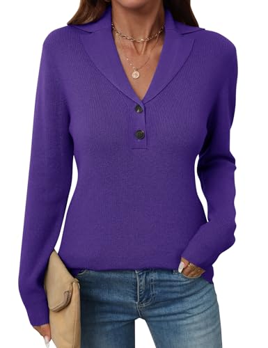 Image of LOMON Sweaters for Women 2025 Fall Knitted V-Neck Collared Button Pullover Dressy Casual Long Sleeve Polo Shirts Business