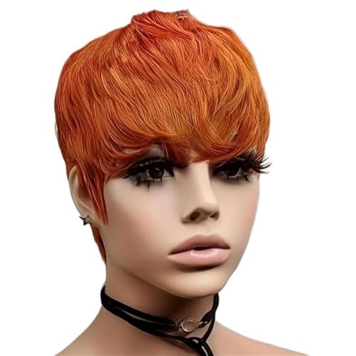 Perruque courte coupe lutin sans colle en cheveux humains orange pour changer de tête facilement