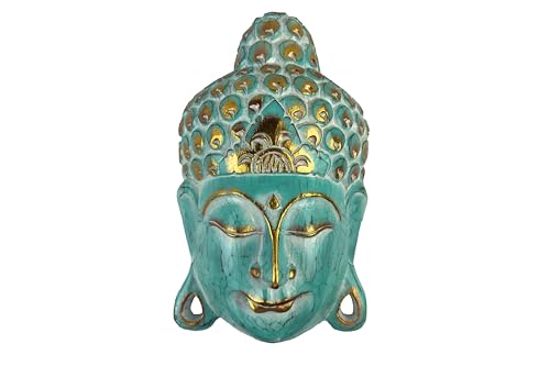 Masque de Bouddha - Turquoise Wash - En bois de Bali - Fait à la main - 25 ou 35 cm (35 cm)