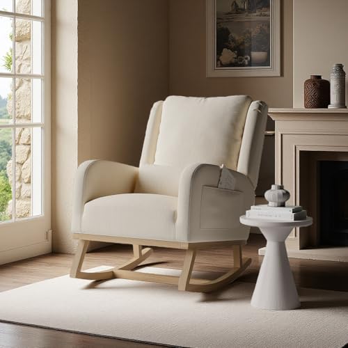 Mecedora, mecedora con patas de madera maciza, sillón de lactancia mamá, sillón de lectura con reposabrazos y bolsillo, para dormitorio, salón, balcón, ropa de cama (beige-03)