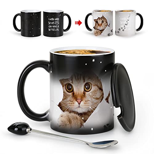 MUGKISS Canecas para Gatos, Xícara de Café Que Muda de Cor, 11 Oz- Eu Trabalho Duro para Que Meu Gat
