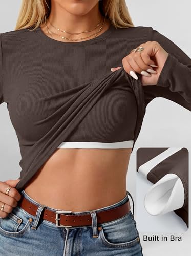 ANRABESS Women's Long Sleeve Shirts Top Built in Bra,Coffee,M — view 5