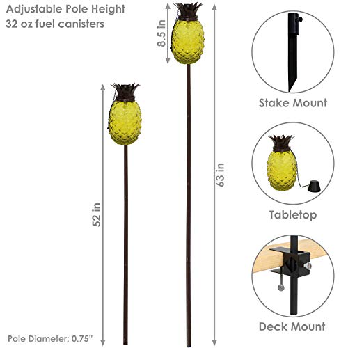 Sunnydaze Tropical Pineapple Glass Patio Torches Set of 2-23 to 63-Inch Outdoor Lawn Torch, Garden, Deck & Backyard - Yellow