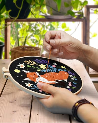 Image of TINDTOP Embroidery Kit for Beginners Adult, Fox Embroidery Kit | Include Embroidery Cloth Hoops Threads for Craft Lover Hand Stitch with Embroidery Skill Techniques