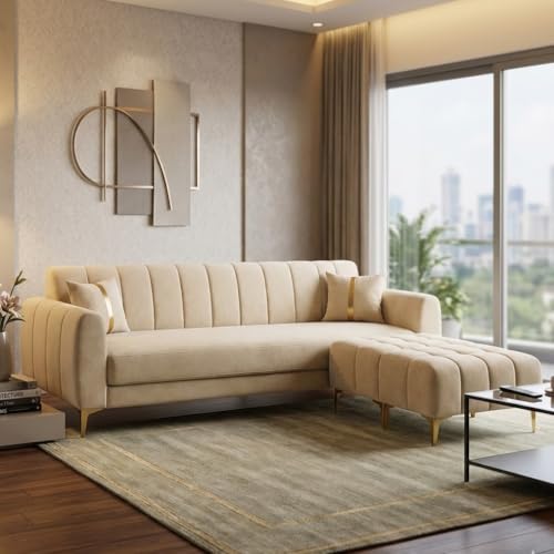 Image of Hermione 5 Seater L Shape Sofa Set with 2 Movable Ottoman | Flexible Left or Right Layout | Luxe Velvet Suede Fabric | Comfortable Seating | Modern Sofa for Living Room - Cream