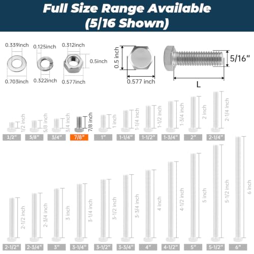 Image of 10 Sets Glvaner 5 /16-18 x 7 /8 inch Stainless Steel Hex Head Screws Bolts, Nuts, Flat & Lock Washers, 18-8 (304) Stainless Steel, Full Thread, Coarse Thread