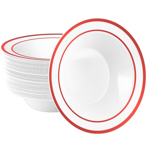 Goodluck 50 Pack Plastic Bowls with Red Rim, 12oz Disposable Soup Bowls, Heavy Duty Dessert Bowls for Weddings, Parties, Valentine's Day Dinners, Catering, Thanksgiving and Everyday Use