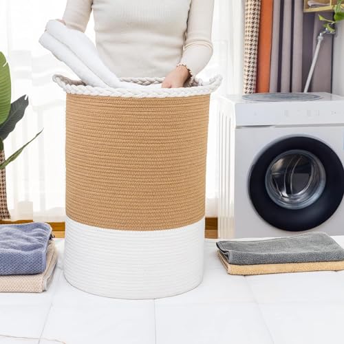 Image of ALBY Woven,Tall Wicker Laundry Basket for Blankets,Clothes,Pillows,Toys,Shoes Large Cotton Laundry Hamper for Bedroom Living Room Bathroom Nursery (12''D x 15''H INCH, BrownA)