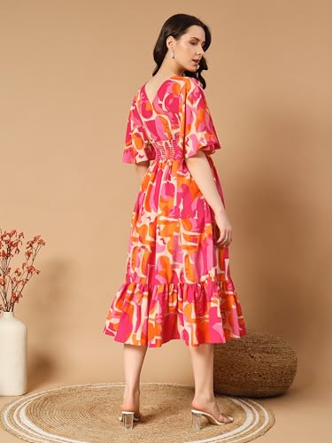 Kzully Women's Rayon Smocked Midi Casual Dress (6001-Orange-Pink-M_Orange-Pink_Medium)