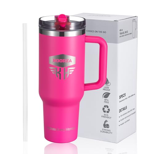 NOORZA Mug Isotherme 1,18L Acier Inoxydable 18/8 – Tumbler Grande Capacité avec Poignée, Paille et Couvercle Étanche – Double Paroi Sans BPA – Garde le Chaud et le Froid Pendant des Heures-Rose