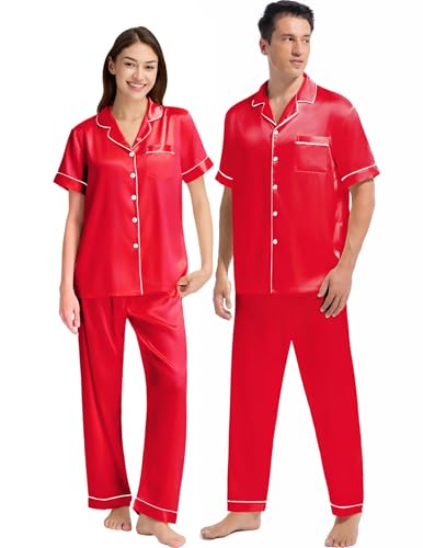 Couples Matching Pajamas Set Silk Satin Short Sleeve Sleepwear Men Button Down Loungewear Red Medium