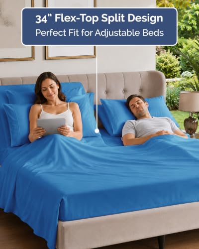 Image of Flex Top Split Head King 6 Piece Sheet Set - Soft & Cooling - Denim Blue | Ultra Soft Hotel Luxury Bedding Set w / 8-16 Inch Deep Pockets, 1 Flat & 1 Split-Head Fitted Sheet & 4 Pillowcases, Fade Free