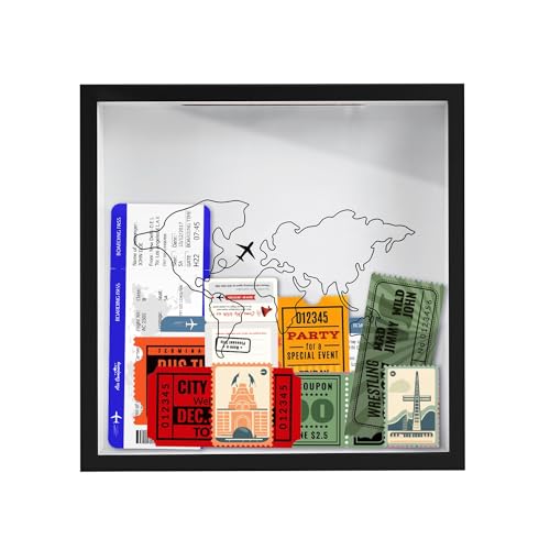 Adventure Archive Box, 8x8 Inch Travel Shadow Box with Slot Wood Frame Travel Tickets Holder Map Plane Design Travel Keepsake Top Loading Shadow Box for Movie Theater Travel Tickets(Black)
