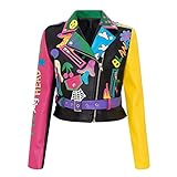 Damen Motorrad Faux PU Lederjacke Graffiti Nieten Punk Biker Moto Reißverschluss Bunter Druck Kurzer Revers Mantel Mit Gürtel Outfit Coole Streetwear Plus Größe,A,S