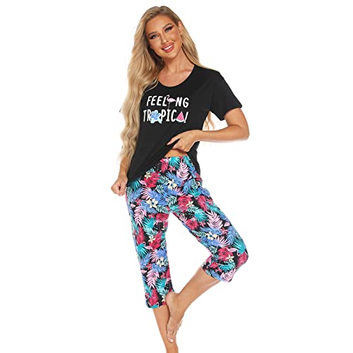 Pijama de Dos Piezas para Mujer, Pijama de Verano, camisón de Manga Corta, Ropa de casa, Ropa de Dormir, Parte Superior y Pantalones para Mujer, niño y niña Negro L