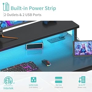 Lufeiya Black Gaming Desk with LED Lights and Power Outlets, 40 Inch Teen Writing Study Table Home Office Desks with Monitor Stand, Computer Desk with Charging Station USB Port, Black — photo 6 of 6