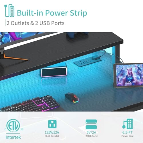 Image of Lufeiya Black Gaming Desk with LED Lights and Power Outlets, 40 Inch Teen Writing Study Table Home Office Desks with Monitor Stand, Computer Desk with Charging Station USB Port, Black