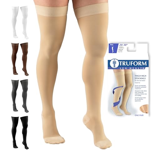 Truform 20-30 mmHg Compression Stockings for Men and Women, Thigh High Length, Dot Top, Closed Toe, Beige, X-Large