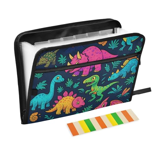 Vibrant Dinosaurs Blue Expanding File Folder with Sticky Labels, 13 Pockets Accordion File Folder Document Organizer Expandable Zip File Folder with Zipper Closure