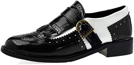 PIVAPAM Black and White Oxfords for Women Tassel Patent Leather Chunky Low Heels Slip On Wingtip Two Tone Saddle Oxford Shoes