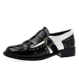 PIVAPAM Black and White Oxfords for Women Tassel Patent Leather Chunky Low Heels Slip On Wingtip Two