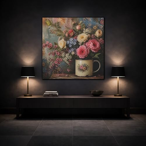 Impression sur toile fleurs rose et bleu grand format 50x50cm multicolore
