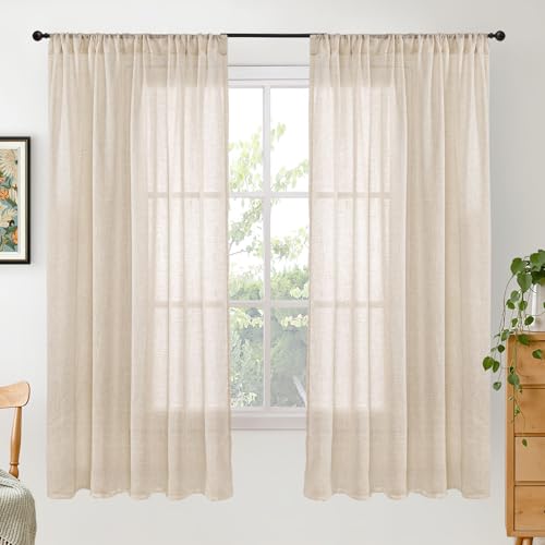 Image of BGment Burlap Linen Curtains 63 Inch 2 Panels Set - Tan Semi Sheer Drapes Rod Pcoket Light Filtering Natural Country for Farmhouse Bedroom Lightweight, 52 X 63 Inch
