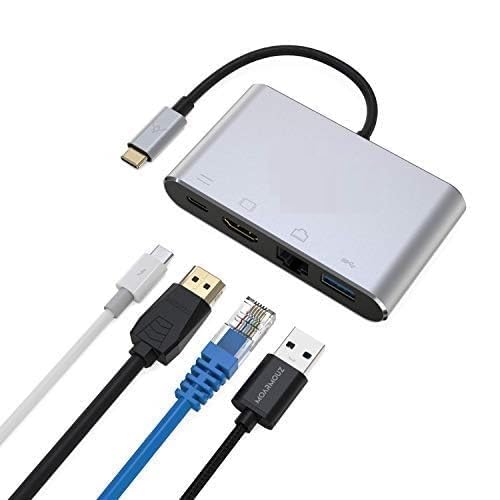 Image of USB HUB 4 in 1 USB-C to HUB HDMI, Ethernet, USB 3.0, USB Type-C Adaptor Converter for Type C Laptops and Desktop, Grey (USB C to 4 in 1 with RJ45 HUB)