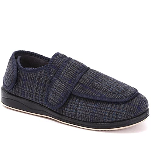 Pavers Men's Adjustable Memory Foam Slippers in Navy Multi - Extra Wide Fit - Antibacterial Technology with Touch Fasten Strap - Size UK 9 / EU 42