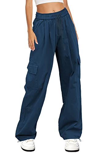 HVEPUO Womens High Waist Cargo Pants Y2K Wide Leg Cotton Baggy Hiking Pants Lightweight Elastic Waist Trousers with Pockets