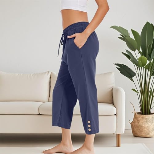 Womens Summer Casual Capri Pants Loose Wide Leg Pant Drawstring Elastic High Waist Trousers with Pockets3