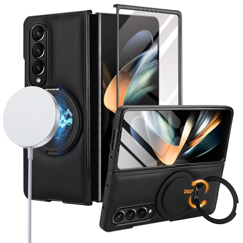 XKchatpt handyhülle für Samsung Galaxy Z Fold 3 Ständer 360 drehbar mit Displayschutzfolie PU-Leder unterstützt kabelloses Laden stoßfest sturzsichere Hülle für Galaxy Z Fold 3 (Schwarz)