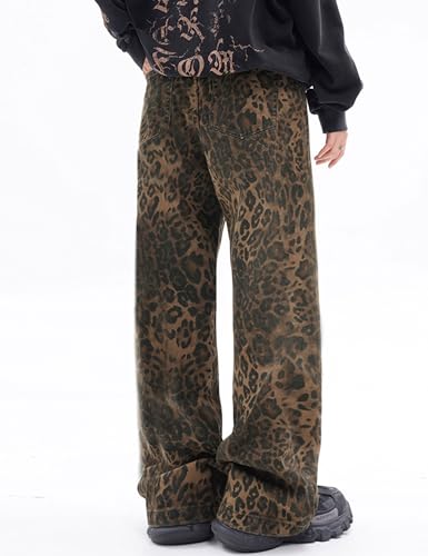 Men Y2K Leopard Print Jeans - Baggy Vintage Printed Pants with Straight Legs - Streetwear4