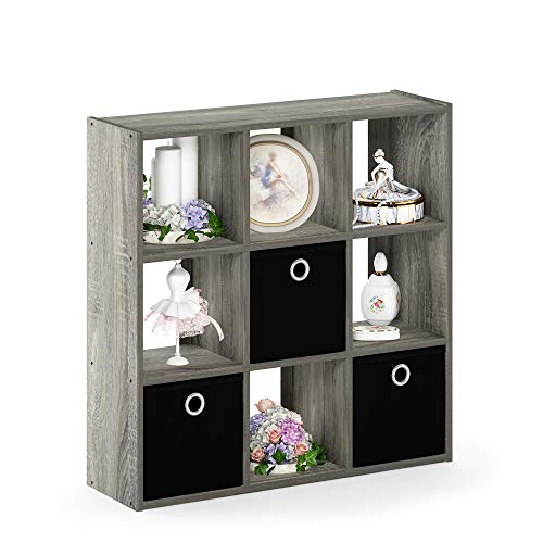 Furinno 13207Gy/Bk Simplistic 9-Cube Organizer With Bins, French Oak Grey/Black #TOP4
