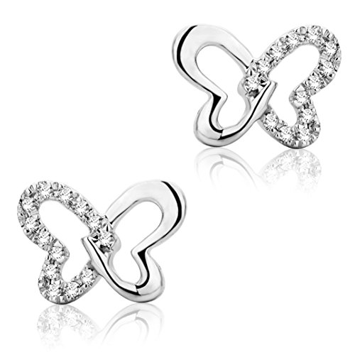 MIORE Femme Or Blanc en Diamant papillon Boucles d'Oreilles 9kt (375) Brillant 0.04cts - MF9028E