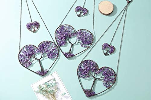 JSDDE Heart Amethyst Healing Crystal Tree of Life Hanging Ornament Wire Quartz Gemstone Wall Hanger Home Office Windows Decoration Meditation Balancing