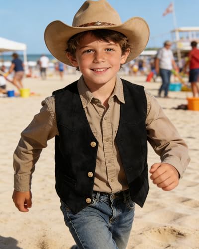 Image of Retro Boys Western Cowboy Vest for Kids Leather Suede Waistcoat | vintage dress vests, welt pockets, v-neck, adjustable waist, formal slim fit, wedding outfit, farm christmas birthday prom