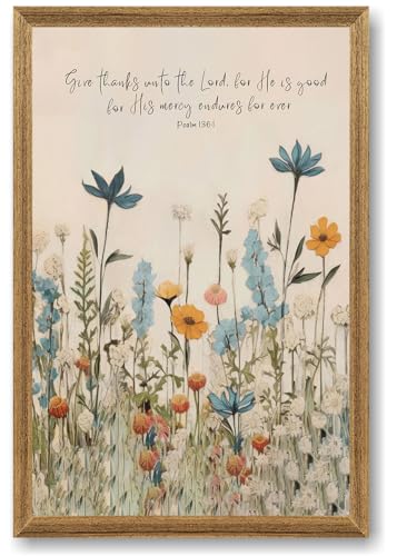 FYLDPSB Floral Bible Verse Wall Art - Gratitude Scripture Home Decor Inspirational Psalm 136:1 Canvas Print with Wood Frame, Ready-to-Hang Christian Gift for Home and Office 16x24 Inchs