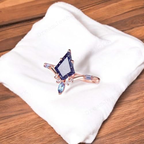 Kite Shape Blue Sandstone Engagement Ring, Unique Twig Sterling Silver Starry Galaxy Blue Sandstone Promise Ring Gift For Her4