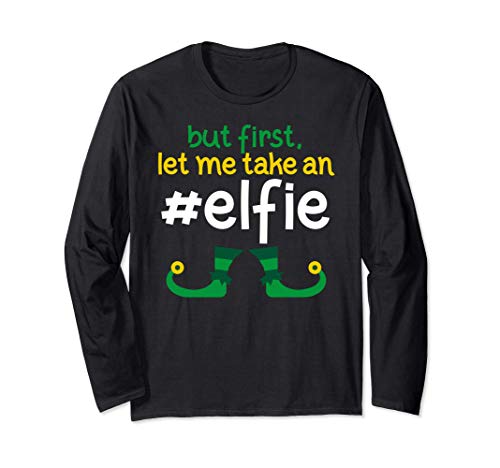 Hashtag Elfie Selfie. Christmas Elf Costume. Funny Christmas Manche Longue