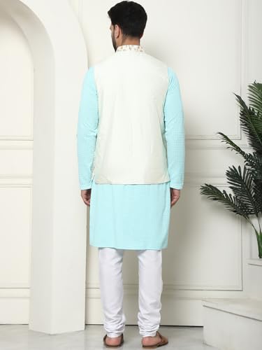 Image of SOJANYA (Since 1958 Men's Cotton Linen Maroon Kurta and White Pyjama with Mustard Cotton Nehru Jacket