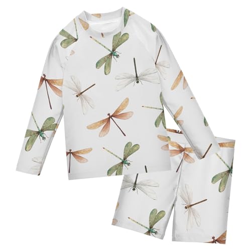 Aflyko Kids' Bathing Suit Set Retro Watercolor Dragonfly Long Sleeve Swim Tops with Shorts Summer Vacation Pool Party Rashguard Fun Cute Toddler Infant Beachwear, 4T Multicoloured