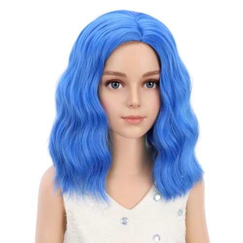 Image of PATTNIUM Dark Blue Wig for Kids Girls Short Blue Wavy Curly Wigs Side Part Bob Wigs Synthetic Halloween Cosplay Costume Hair Wig