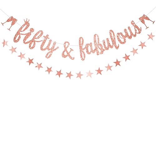 Bannière 50e anniversaire pour femme Or rose pailleté Fifty & Fabulous 50th Banner par Wonsta