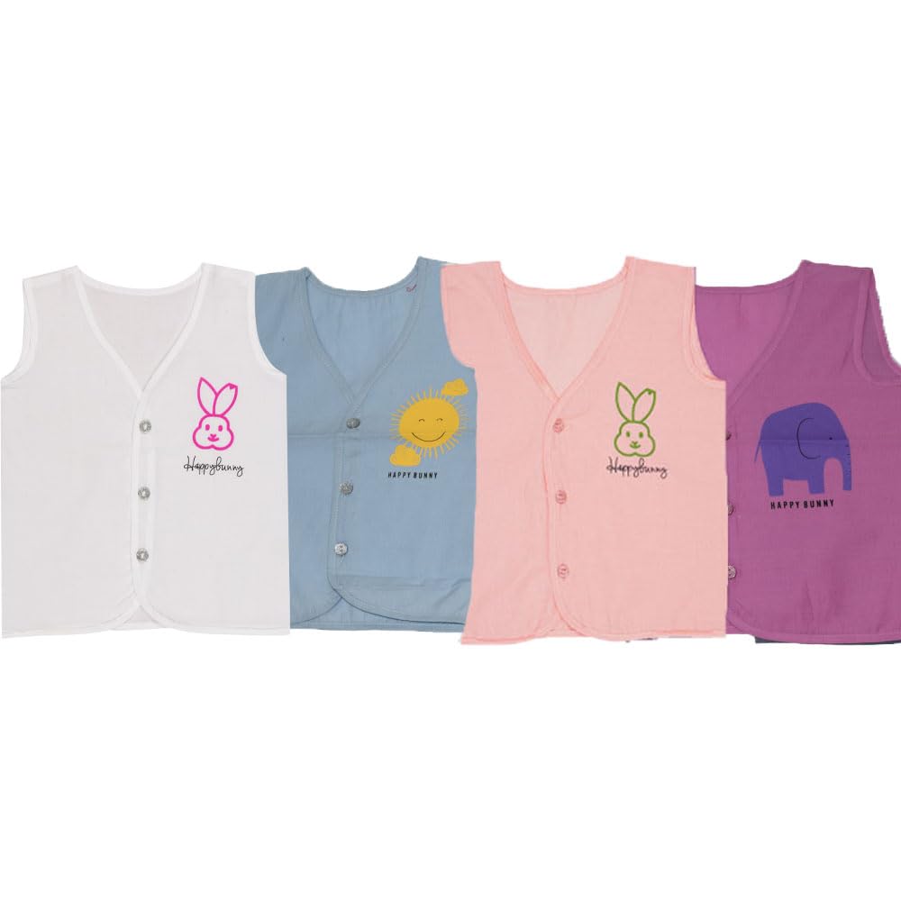Happy Bunny Extra Soft 100% Cotton Muslin Jablas for Newborn Baby Boys & Girls 0-3 Months, Sleeveless Front Button Vest, Regular Fit Toddler Wear, Multicolour (Combo Pack)-image-27