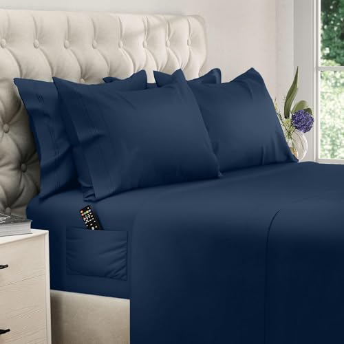 Image of DREAMCARE Full Size Sheets - 6 pcs Breathable Cooling Sheets Full Size Bed | up to 15 inch Deep Pocket Full Sheet Set with Side Pockets - Extra Soft Full Size Bed Sheets - Hotel Luxury Bed Sheets -Navy Blue