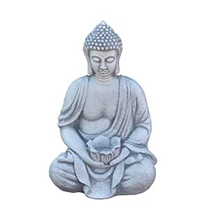 gartendekoparadies.de Massief stenen figuur Boeddhabeeld met schaal, maat 40 cm, kleur grijs, gewicht 11 kg, van gegoten…