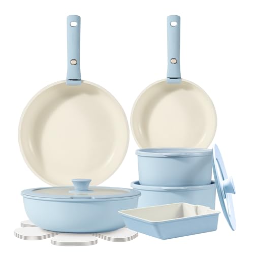 CAROTE カローテ フライパン セット 16点 食洗機対応 IH対応 ガス火対応 PFOAなどの有害物質不使用 5層構造 軽量 取っ手のとれる マーブルコート くっつきにくい 鍋セット 洗いやすい オーブン対応 一年保証 「アイスクリーム」シリーズ ブ